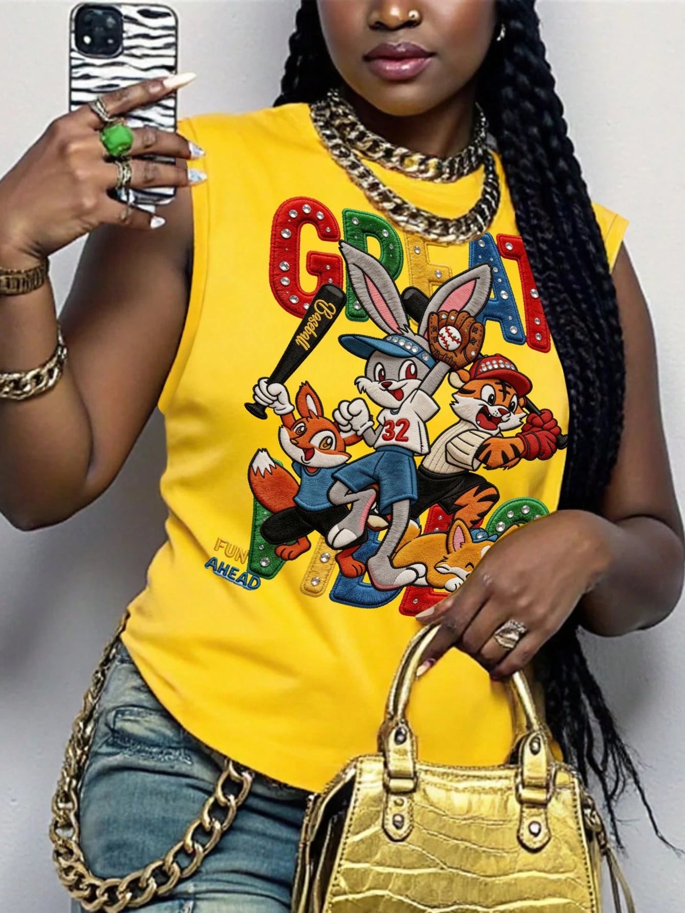 Maweii Plus Size Women Cartoon Print Round Neck Casual Tank Top