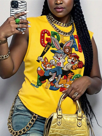 Maweii Plus Size Women Cartoon Print Round Neck Casual Tank Top