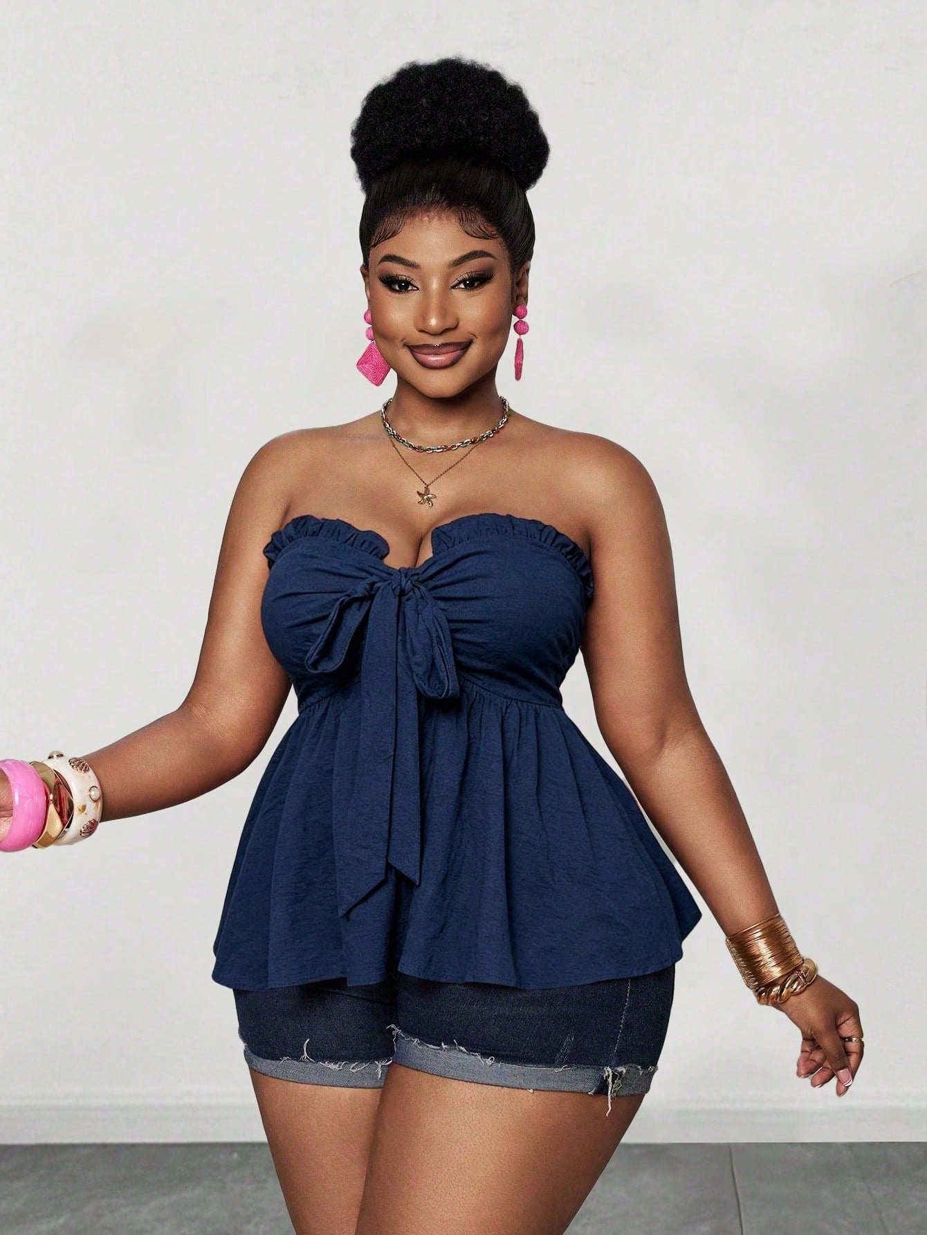 Maweii Women's Plus Size Elegant Navy Blue Faux Denim Fabric Front Tie Bow Strapless Design Versatile Wear Back Gathered Elastic Band Hem Ruffle Waist Cinched Design Women's Plus Size New Style Party