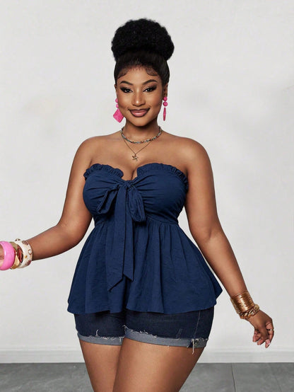 Maweii Women's Plus Size Elegant Navy Blue Faux Denim Fabric Front Tie Bow Strapless Design Versatile Wear Back Gathered Elastic Band Hem Ruffle Waist Cinched Design Women's Plus Size New Style Party