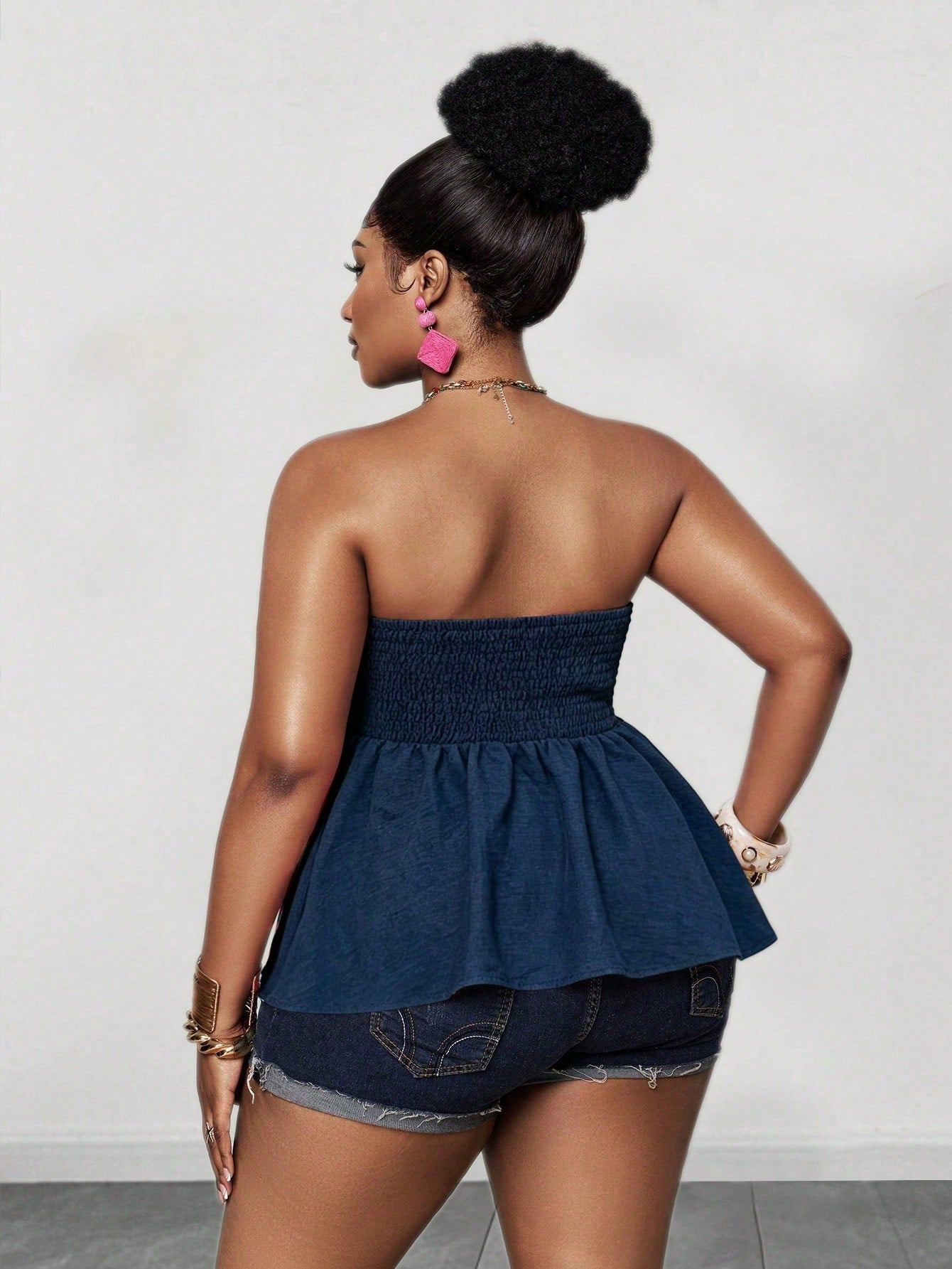 Maweii Women's Plus Size Elegant Navy Blue Faux Denim Fabric Front Tie Bow Strapless Design Versatile Wear Back Gathered Elastic Band Hem Ruffle Waist Cinched Design Women's Plus Size New Style Party