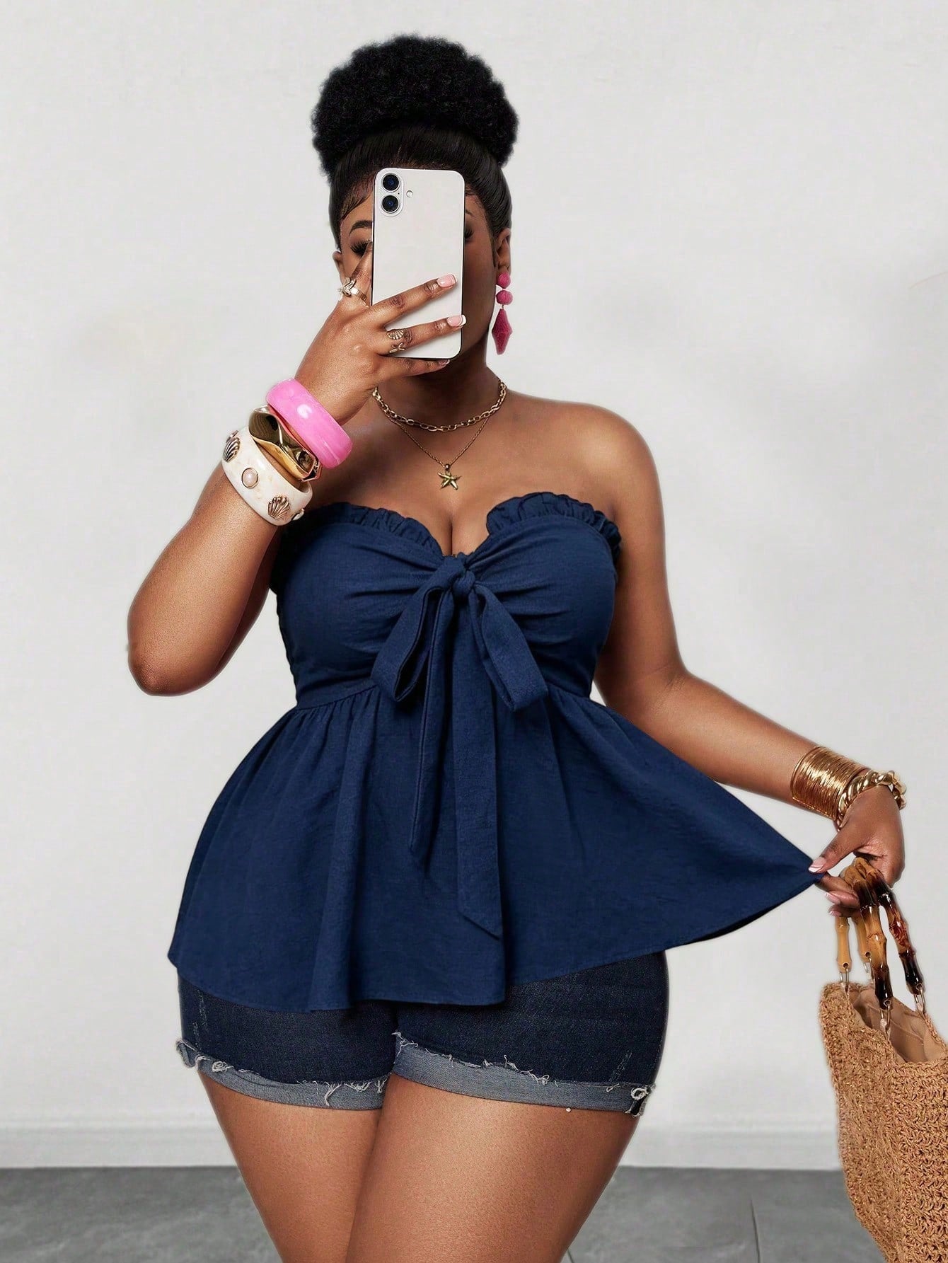 Maweii Women's Plus Size Elegant Navy Blue Faux Denim Fabric Front Tie Bow Strapless Design Versatile Wear Back Gathered Elastic Band Hem Ruffle Waist Cinched Design Women's Plus Size New Style Party