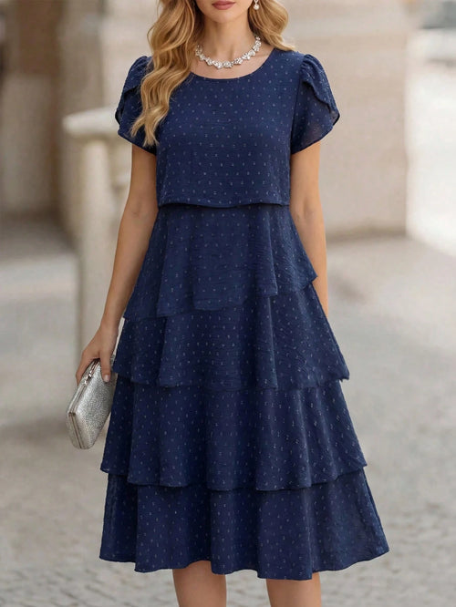 Medorina Women's Solid Color Round Neck Petal Short Sleeve Layered Ruffle Hem Fashionable Dress Vacation Outfit For Women Spring Sunmmer,Summer Dresses