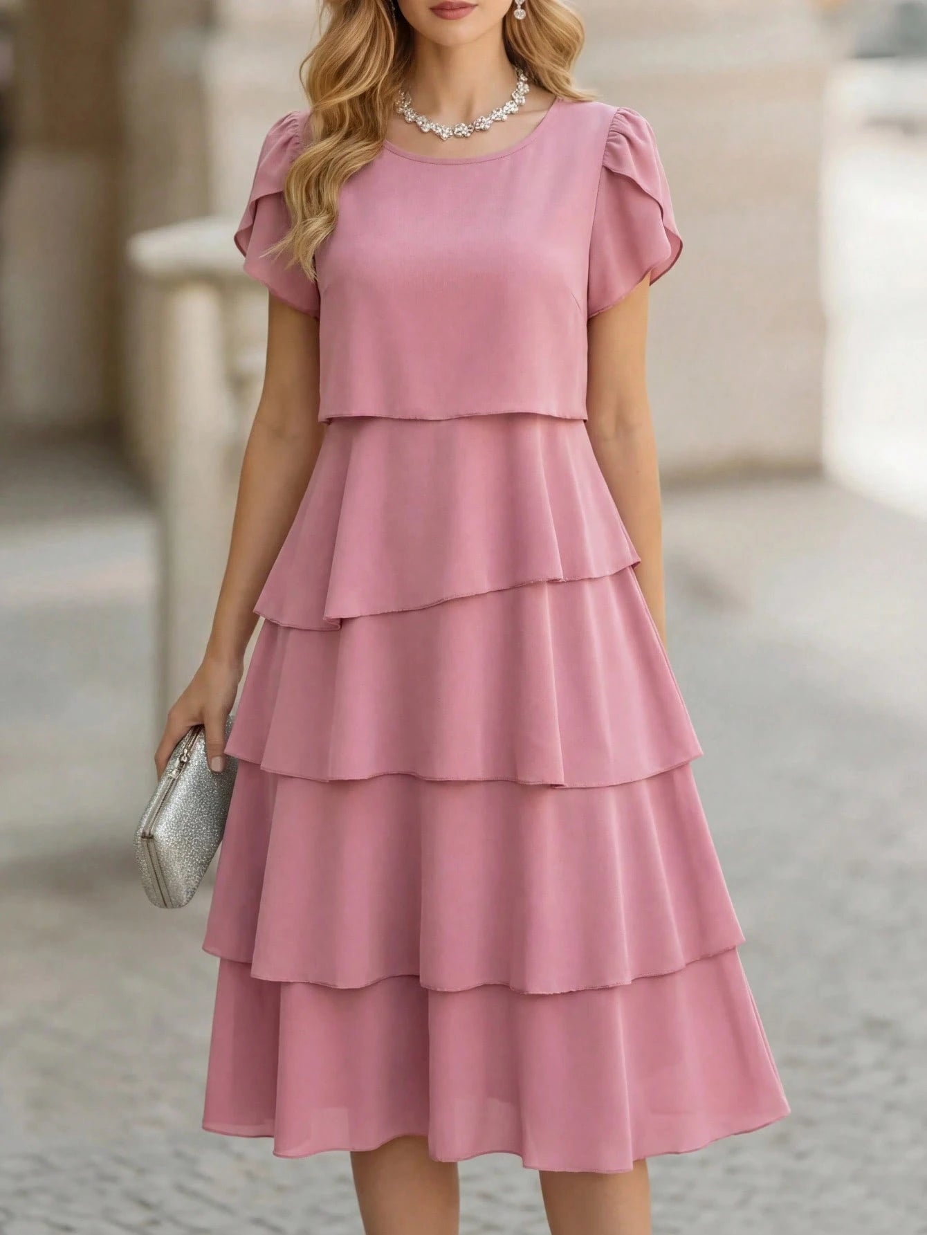 Medorina Women's Solid Color Round Neck Petal Short Sleeve Layered Ruffle Hem Fashionable Dress Vacation Outfit For Women Spring Sunmmer,Summer Dresses