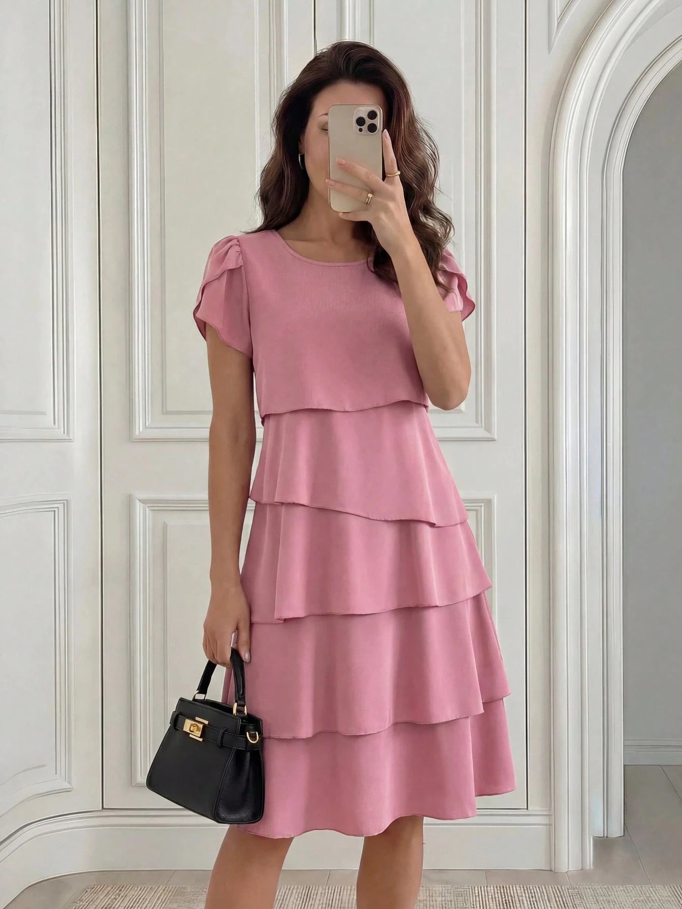 Medorina Women's Solid Color Round Neck Petal Short Sleeve Layered Ruffle Hem Fashionable Dress Vacation Outfit For Women Spring Sunmmer,Summer Dresses