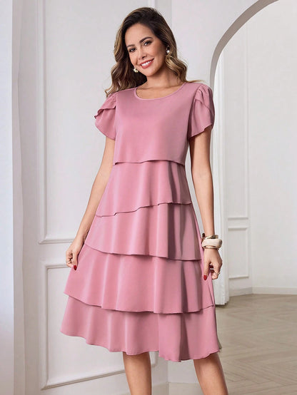 Medorina Women's Solid Color Round Neck Petal Short Sleeve Layered Ruffle Hem Fashionable Dress Vacation Outfit For Women Spring Sunmmer,Summer Dresses