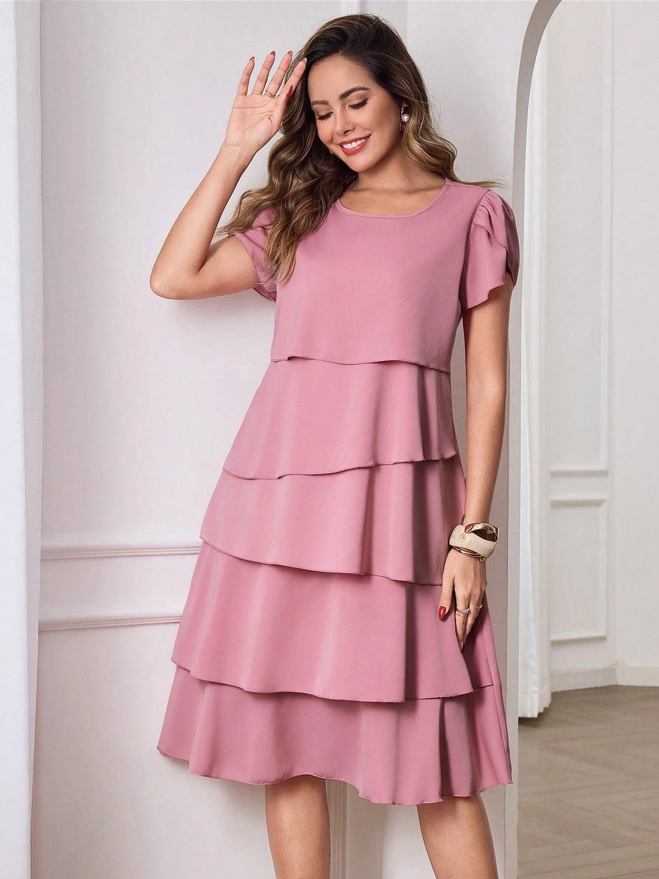 Medorina Women's Solid Color Round Neck Petal Short Sleeve Layered Ruffle Hem Fashionable Dress Vacation Outfit For Women Spring Sunmmer,Summer Dresses