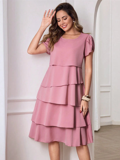 Medorina Women's Solid Color Round Neck Petal Short Sleeve Layered Ruffle Hem Fashionable Dress Vacation Outfit For Women Spring Sunmmer,Summer Dresses