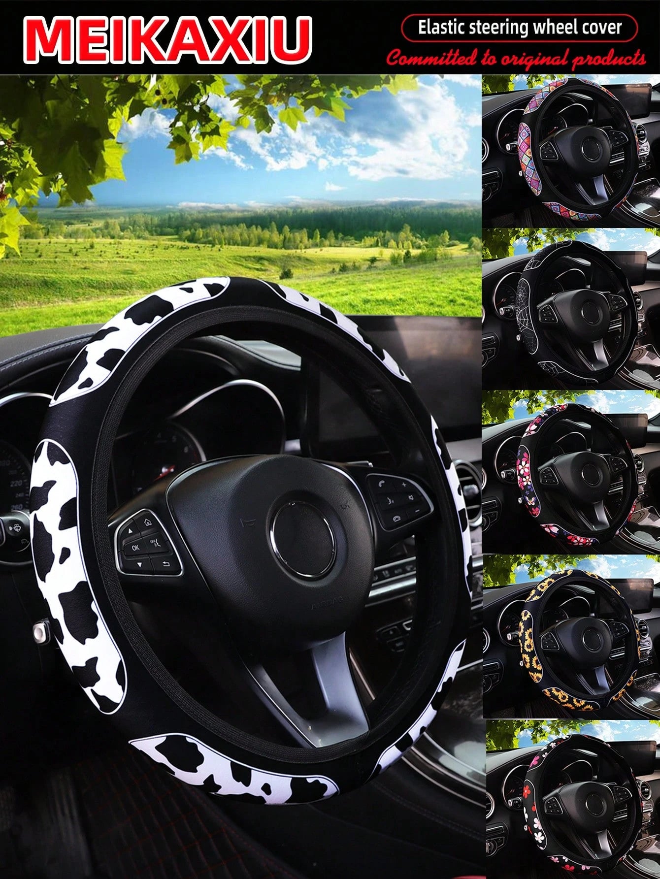 MEIKAXIU 1pc Breathable Fabric Cow Print Black & White Plaid, Cherry Blossom, Spider Web, Sunflower Pattern Soft Steering Wheel Cover For 14.5-15" Wheel, Automotive Accessories For Women