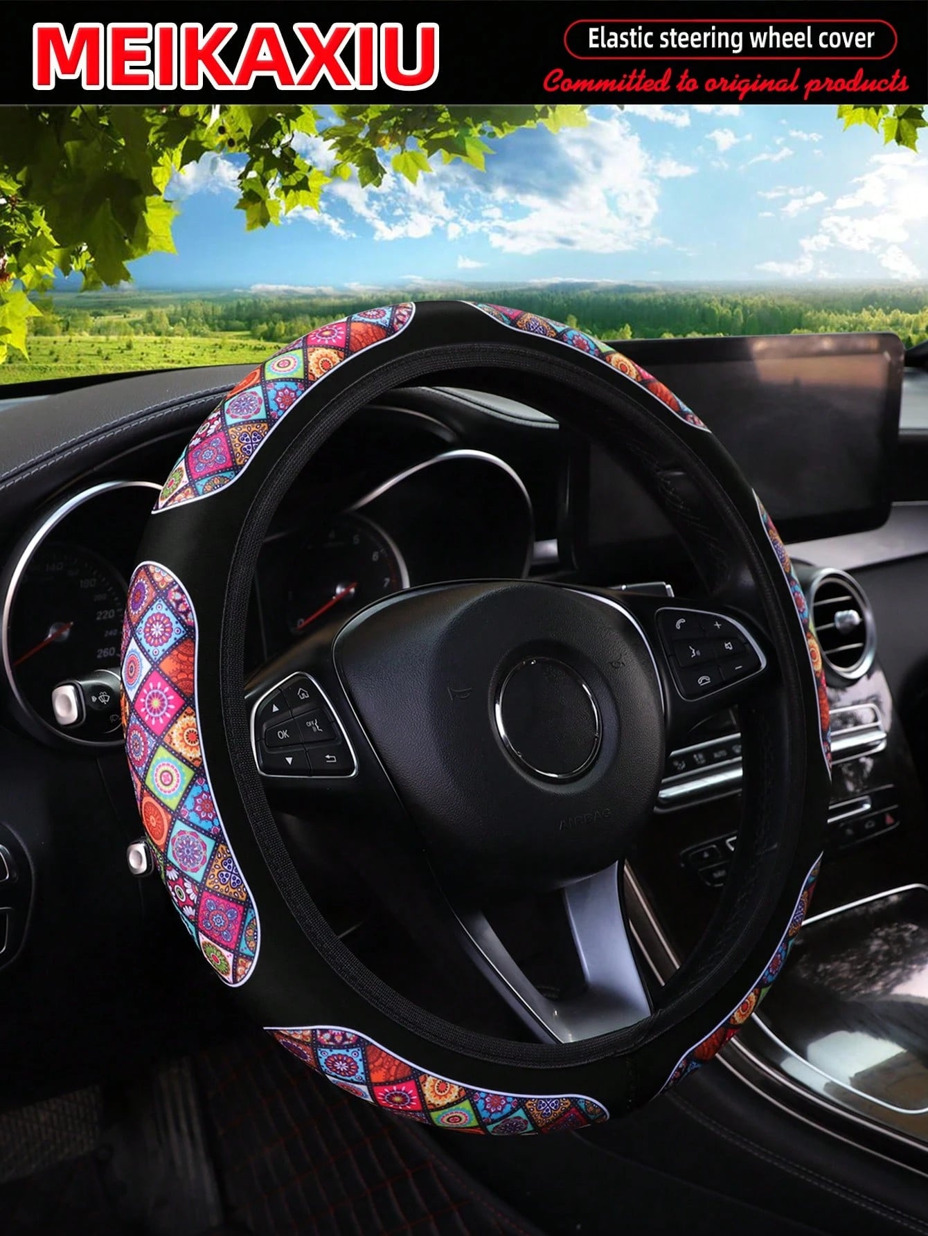MEIKAXIU 1pc Breathable Fabric Cow Print Black & White Plaid, Cherry Blossom, Spider Web, Sunflower Pattern Soft Steering Wheel Cover For 14.5-15" Wheel, Automotive Accessories For Women