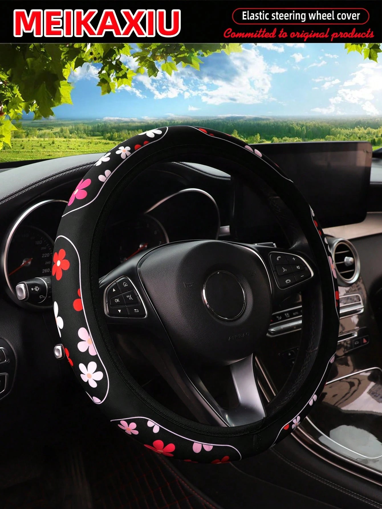 MEIKAXIU 1pc Breathable Fabric Cow Print Black & White Plaid, Cherry Blossom, Spider Web, Sunflower Pattern Soft Steering Wheel Cover For 14.5-15" Wheel, Automotive Accessories For Women