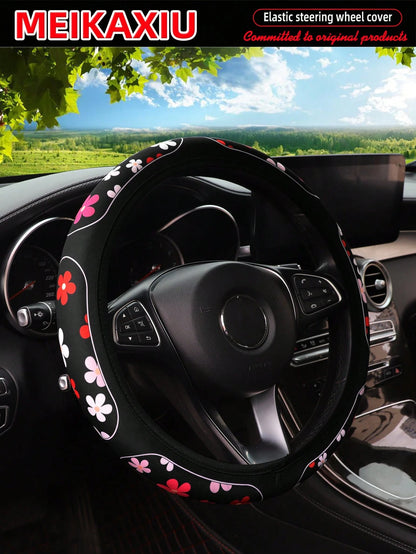 MEIKAXIU 1pc Breathable Fabric Cow Print Black & White Plaid, Cherry Blossom, Spider Web, Sunflower Pattern Soft Steering Wheel Cover For 14.5-15" Wheel, Automotive Accessories For Women
