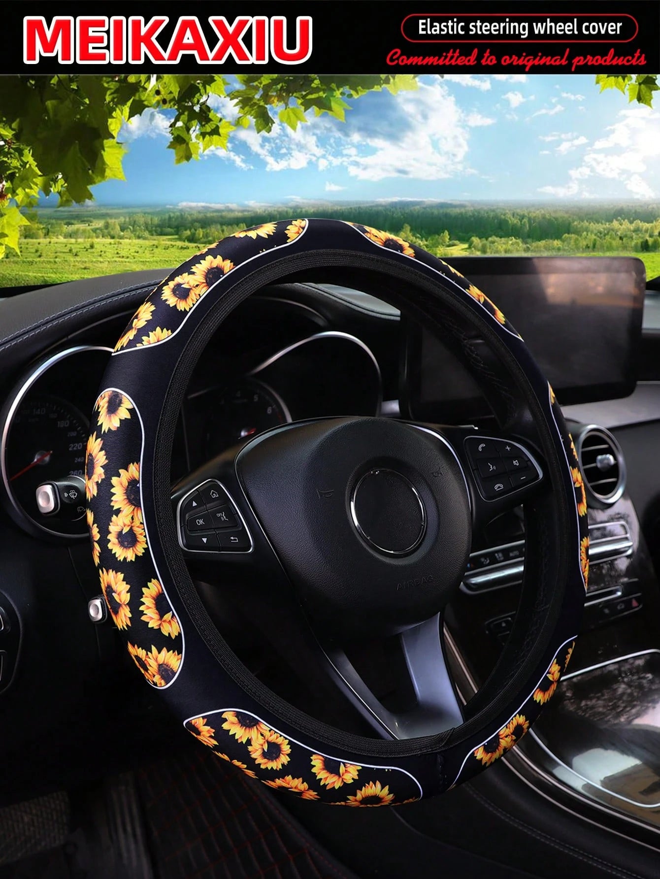 MEIKAXIU 1pc Breathable Fabric Cow Print Black & White Plaid, Cherry Blossom, Spider Web, Sunflower Pattern Soft Steering Wheel Cover For 14.5-15" Wheel, Automotive Accessories For Women