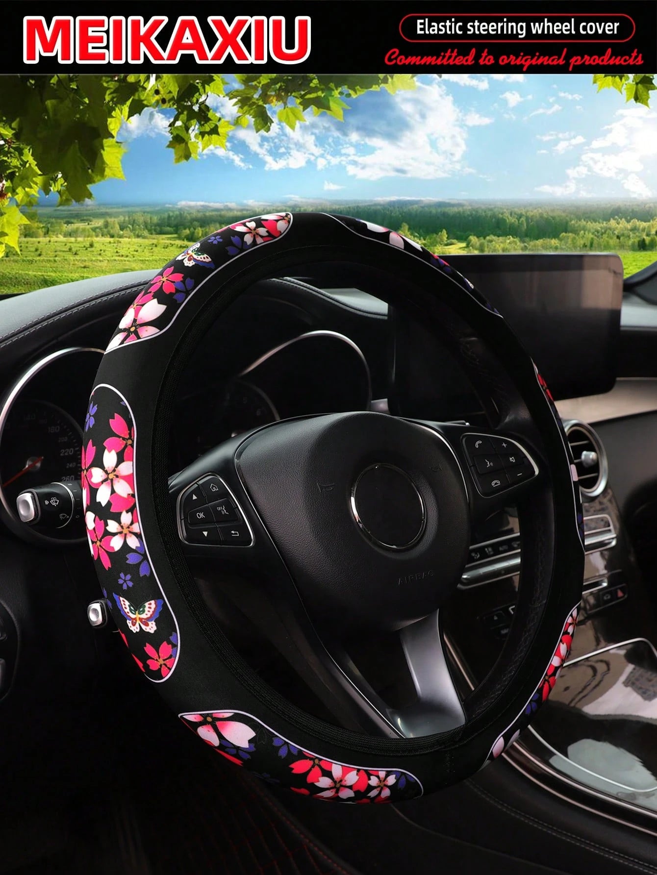 MEIKAXIU 1pc Breathable Fabric Cow Print Black & White Plaid, Cherry Blossom, Spider Web, Sunflower Pattern Soft Steering Wheel Cover For 14.5-15" Wheel, Automotive Accessories For Women