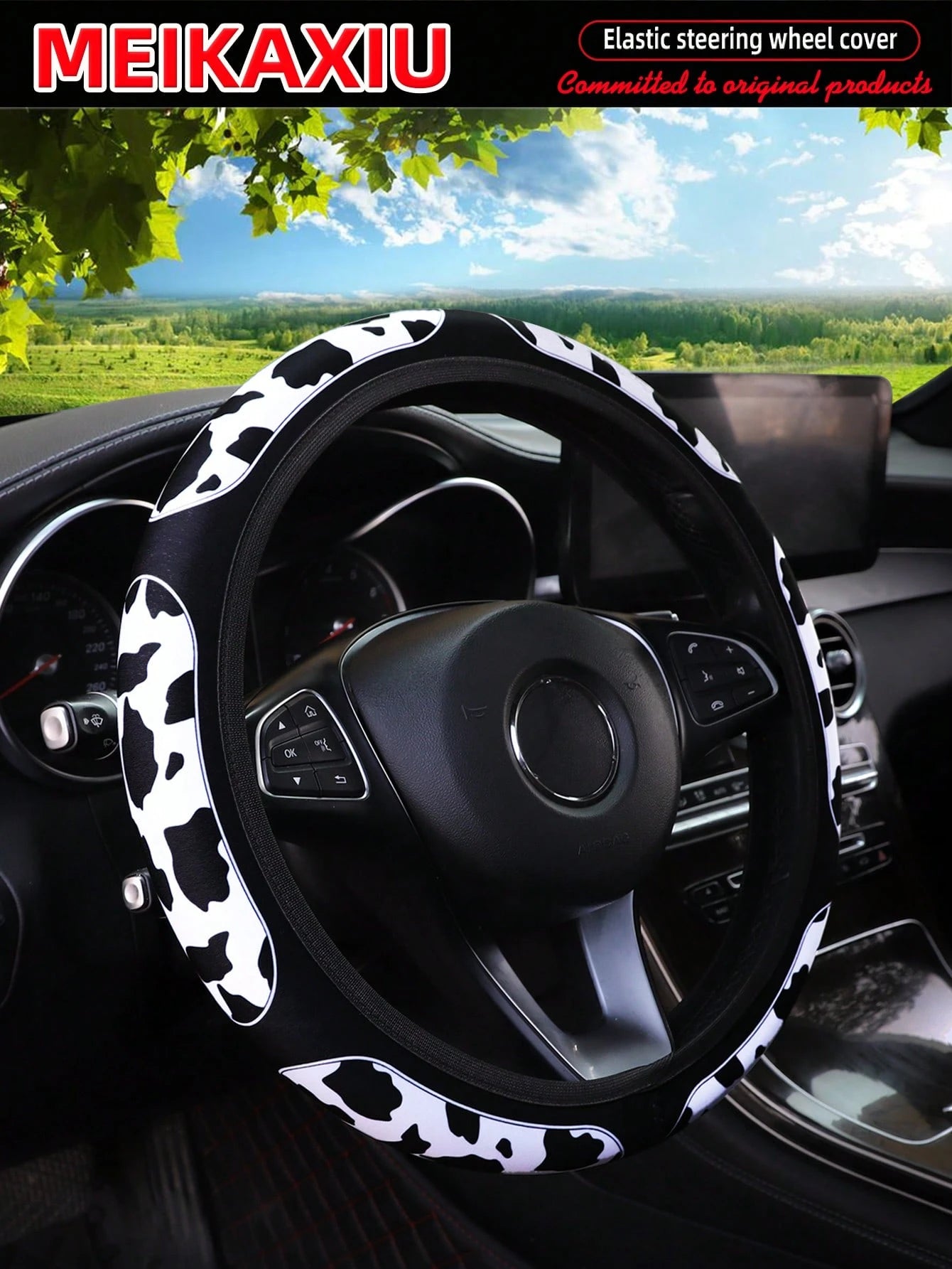 MEIKAXIU 1pc Breathable Fabric Cow Print Black & White Plaid, Cherry Blossom, Spider Web, Sunflower Pattern Soft Steering Wheel Cover For 14.5-15" Wheel, Automotive Accessories For Women