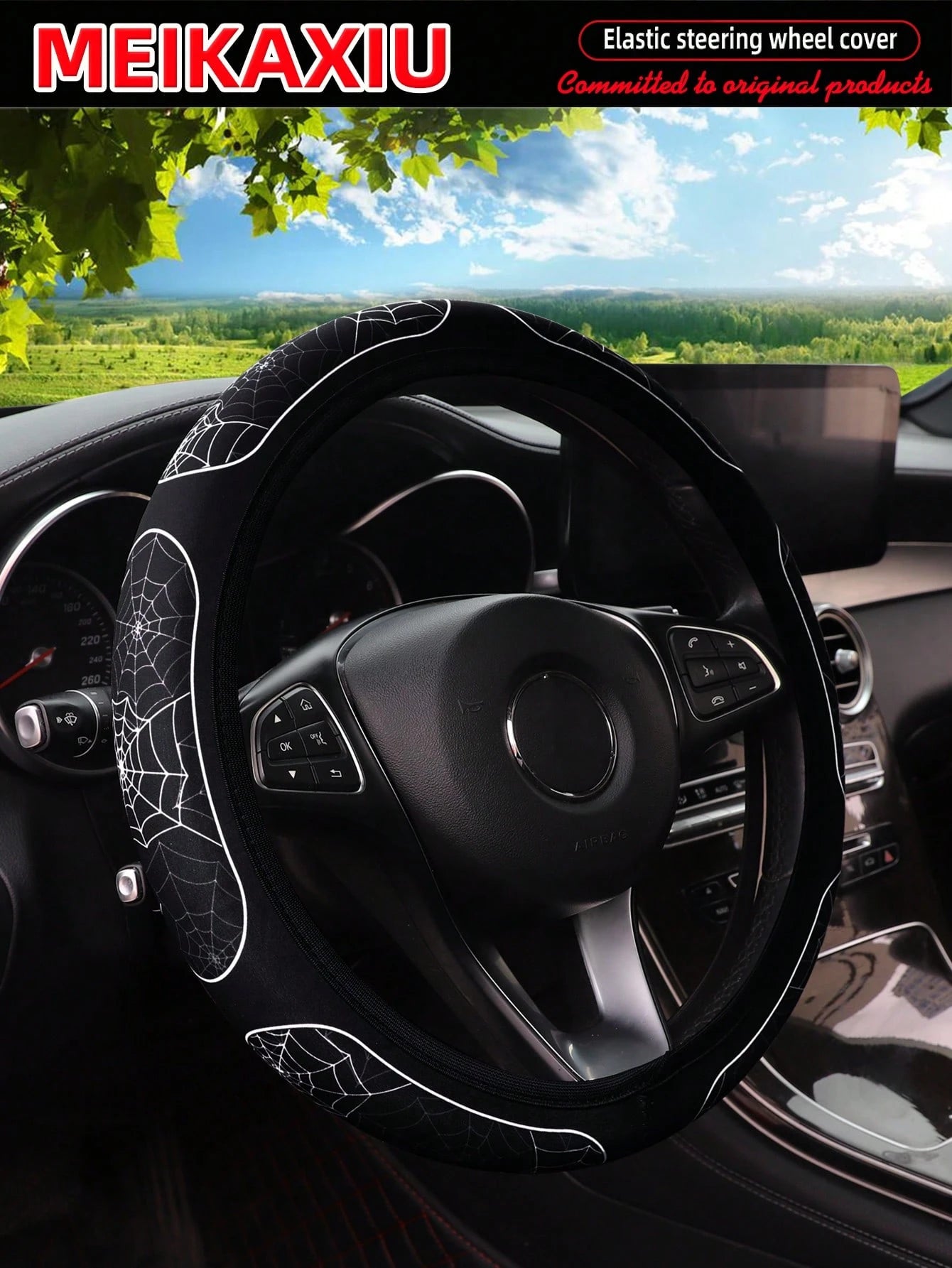 MEIKAXIU 1pc Breathable Fabric Cow Print Black & White Plaid, Cherry Blossom, Spider Web, Sunflower Pattern Soft Steering Wheel Cover For 14.5-15" Wheel, Automotive Accessories For Women