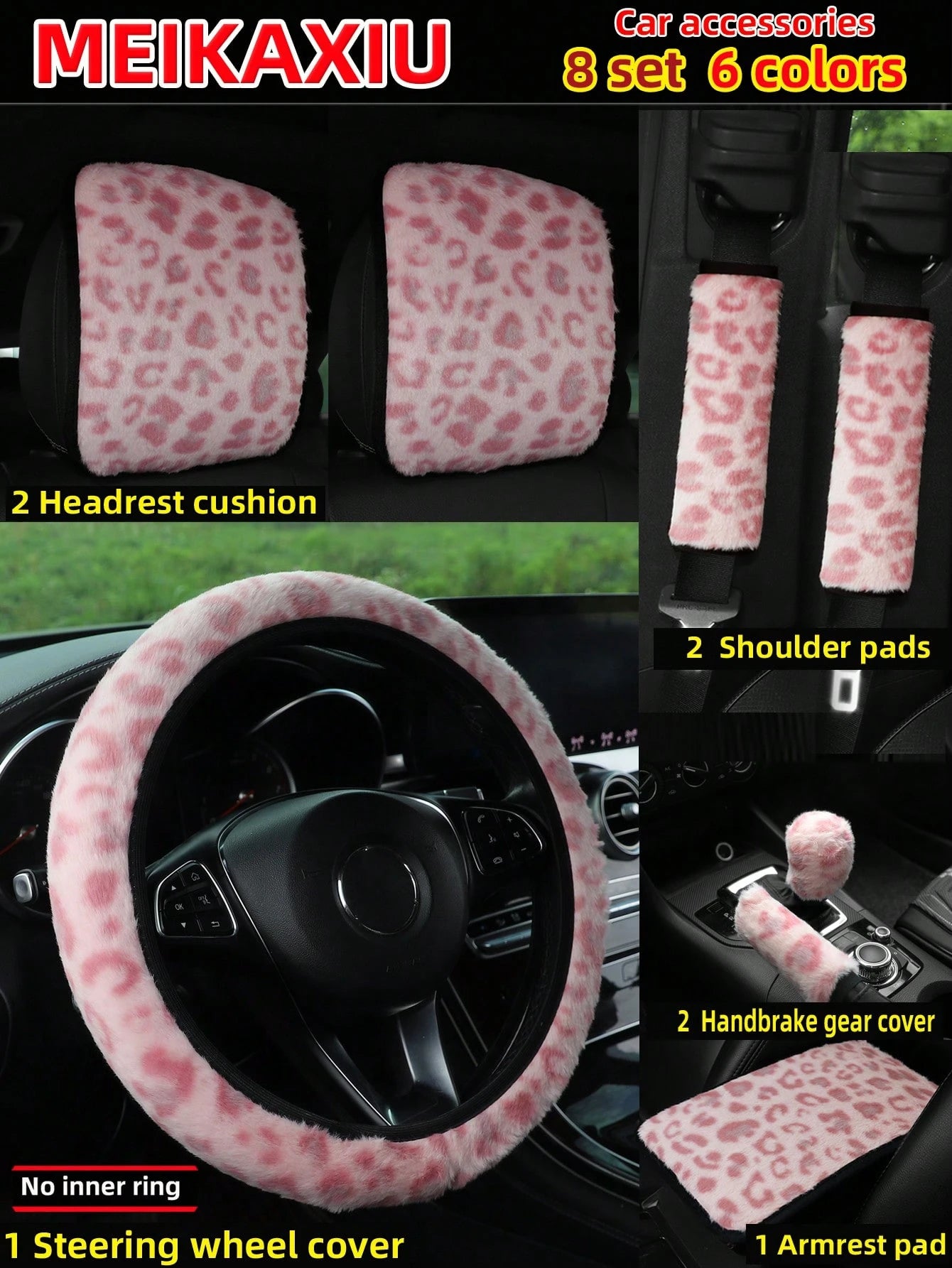 MEIKAXIU 4pcs/Set New Plush Leopard Print Elastic Stretchable Car Accessories, Including Steering Wheel Cover, Shoulder Pad, Armrest Box Mat, Handbrake & Gear Shift Cover, Headrest Cover, Suitable For