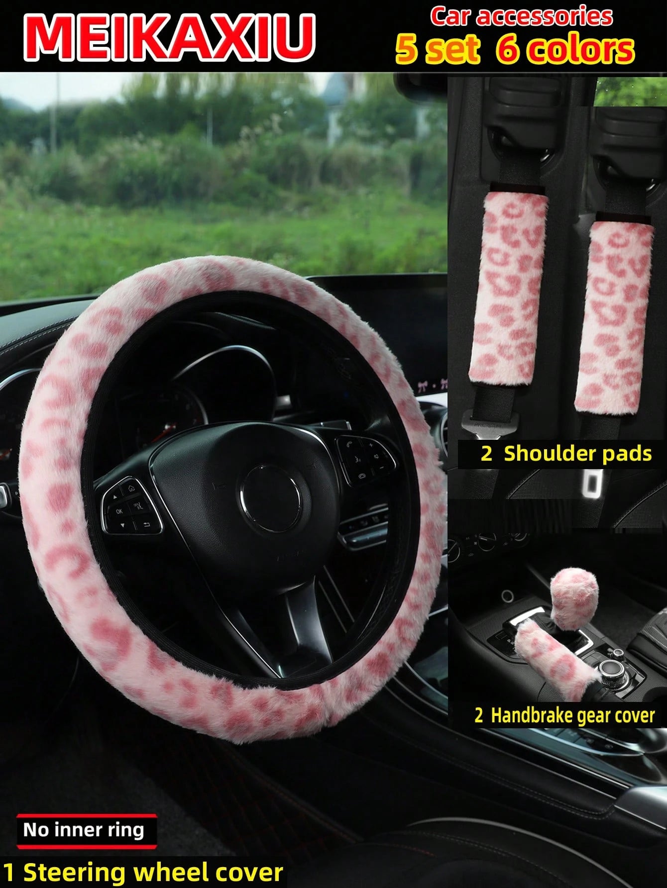 MEIKAXIU 4pcs/Set New Plush Leopard Print Elastic Stretchable Car Accessories, Including Steering Wheel Cover, Shoulder Pad, Armrest Box Mat, Handbrake & Gear Shift Cover, Headrest Cover, Suitable For