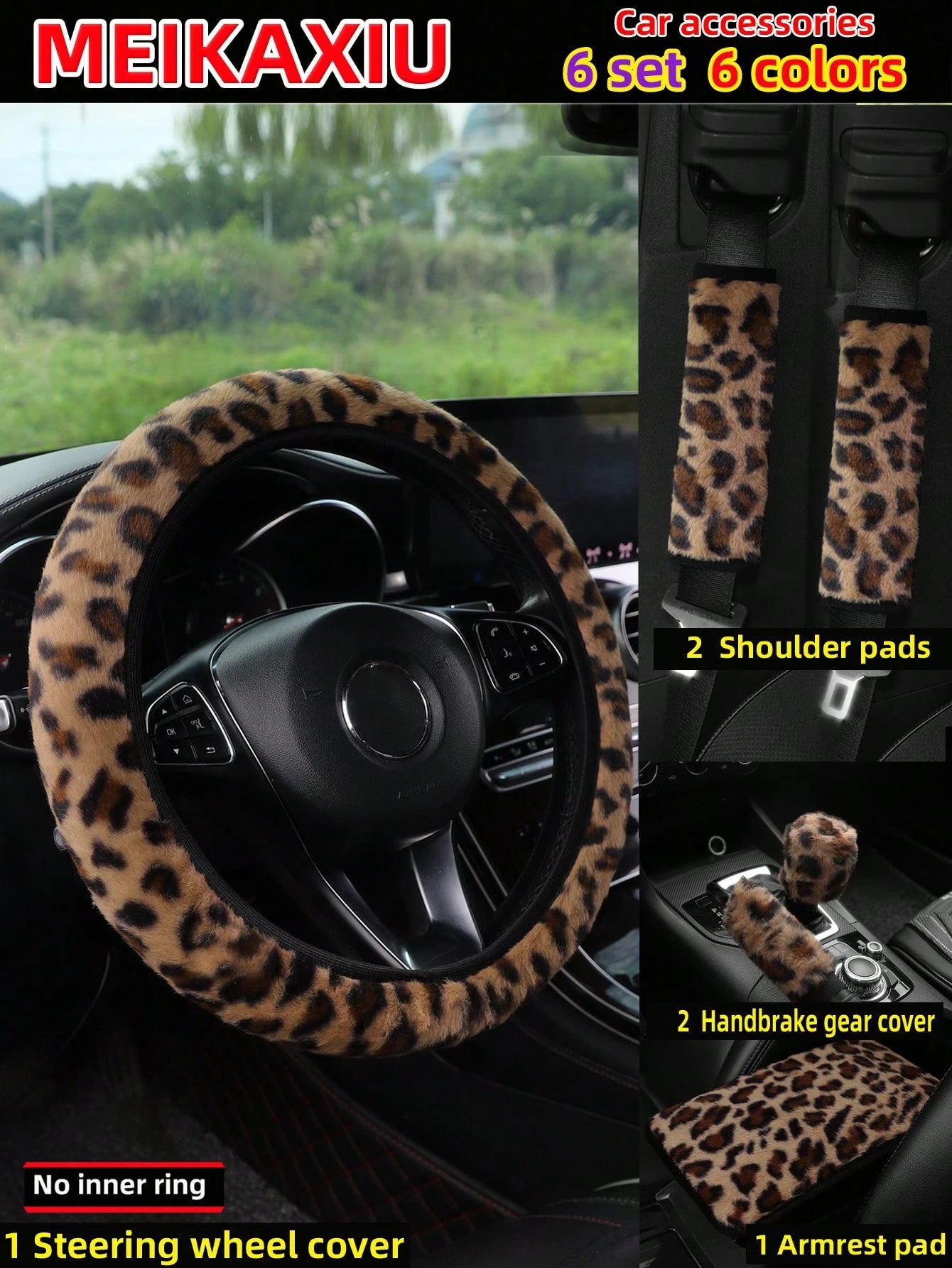 MEIKAXIU 4pcs/Set New Plush Leopard Print Elastic Stretchable Car Accessories, Including Steering Wheel Cover, Shoulder Pad, Armrest Box Mat, Handbrake & Gear Shift Cover, Headrest Cover, Suitable For