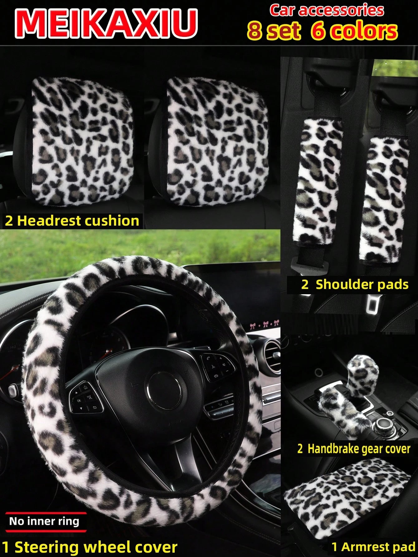 MEIKAXIU 4pcs/Set New Plush Leopard Print Elastic Stretchable Car Accessories, Including Steering Wheel Cover, Shoulder Pad, Armrest Box Mat, Handbrake & Gear Shift Cover, Headrest Cover, Suitable For
