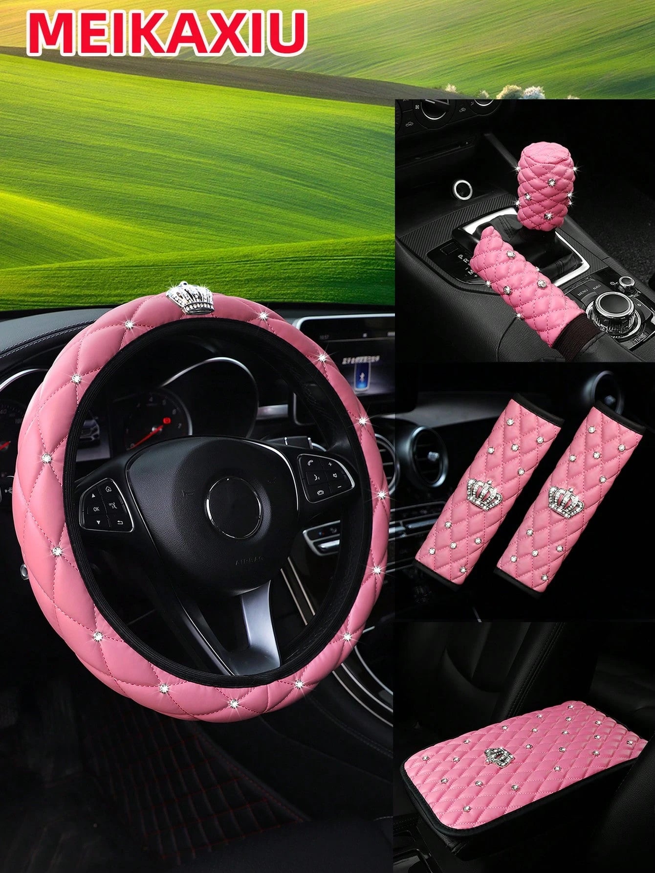 MEIKAXIU 6pcs Set 3D Soft Leather Rhinestone Embroidery Shiny Crown Bling Bling Black Pink Red Car Steering Wheel Cover, Shoulder Pad, Handbrake Cover, Gear Shift Cover, Universal Car Interior Accesso