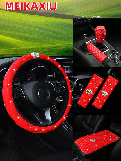 MEIKAXIU 6pcs Set 3D Soft Leather Rhinestone Embroidery Shiny Crown Bling Bling Black Pink Red Car Steering Wheel Cover, Shoulder Pad, Handbrake Cover, Gear Shift Cover, Universal Car Interior Accesso