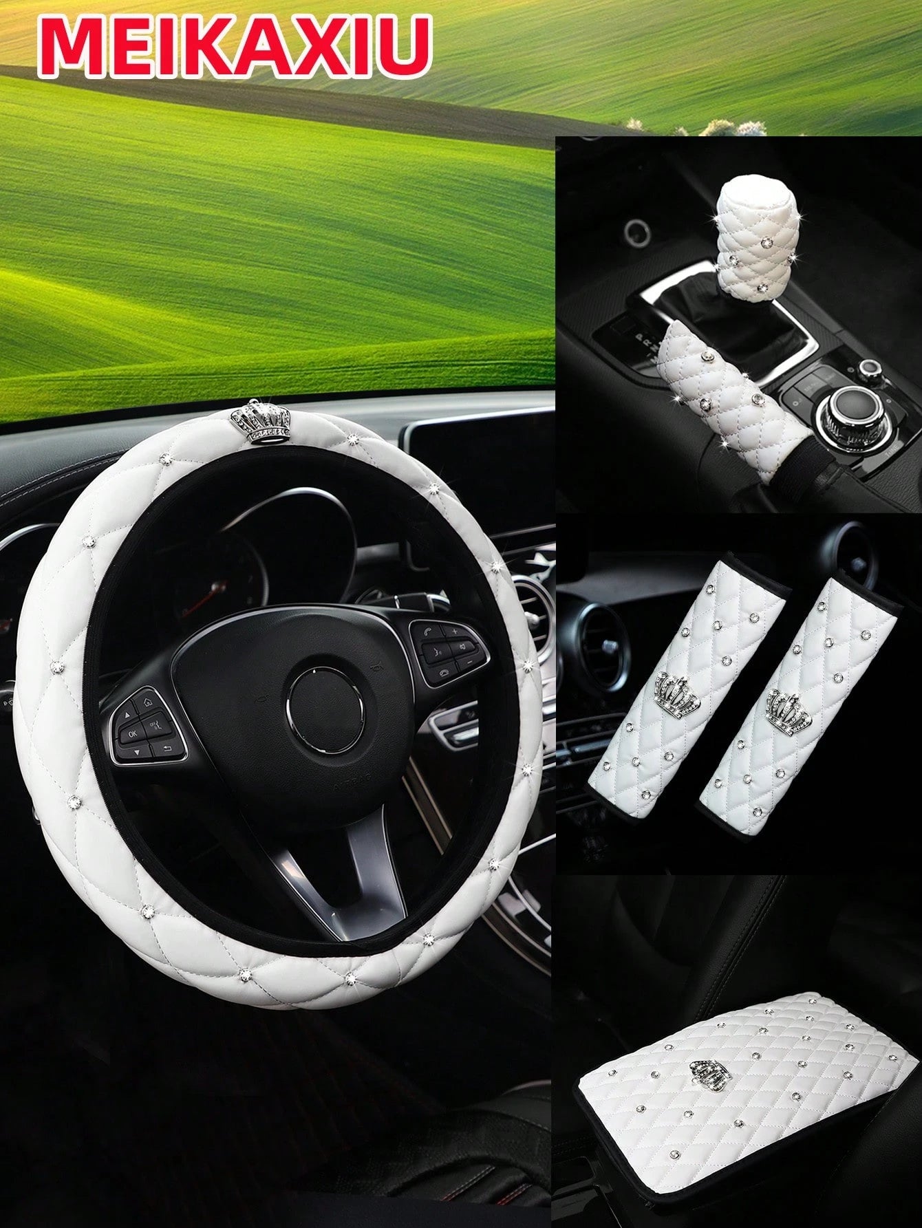 MEIKAXIU 6pcs Set 3D Soft Leather Rhinestone Embroidery Shiny Crown Bling Bling Black Pink Red Car Steering Wheel Cover, Shoulder Pad, Handbrake Cover, Gear Shift Cover, Universal Car Interior Accesso