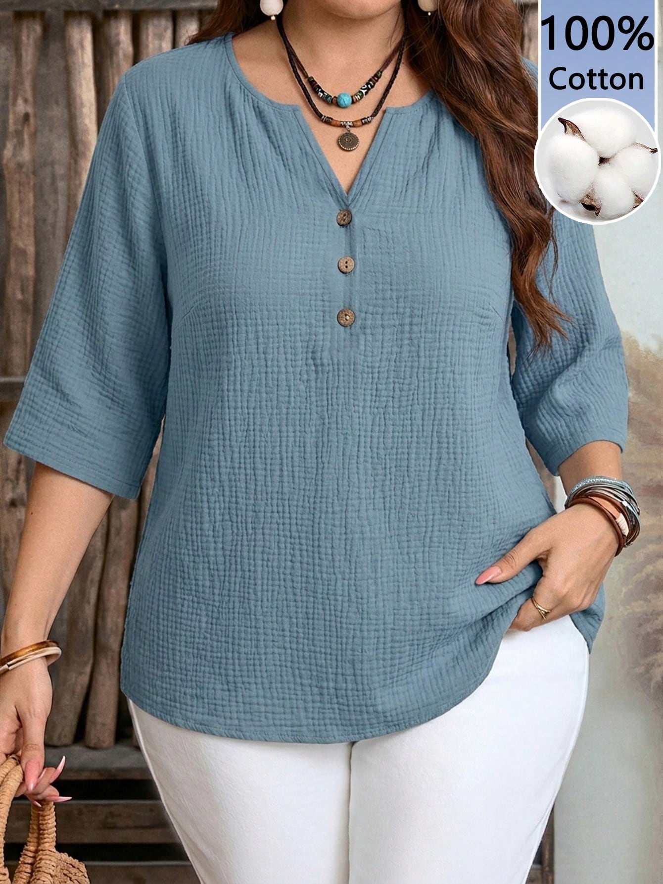 Mellowie Women's Summer 3/4 Sleeve 100% Blue Double-Layer Crinkle Fabric Casual Shirt, Suitable For Spring & Summer,Summer Top