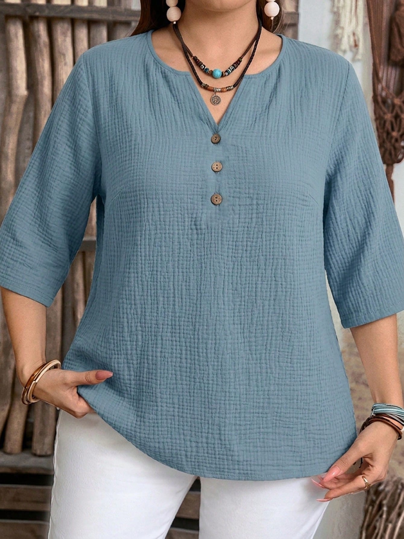 Mellowie Women's Summer 3/4 Sleeve 100% Blue Double-Layer Crinkle Fabric Casual Shirt, Suitable For Spring & Summer,Summer Top
