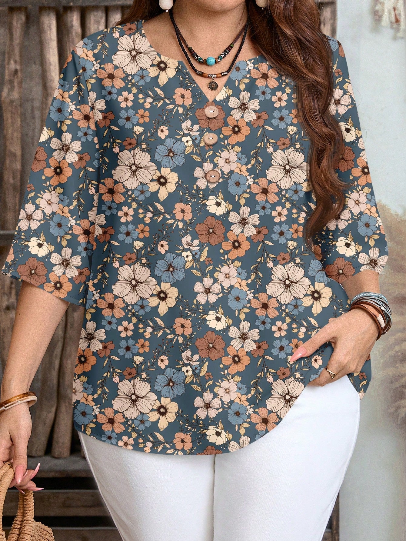 Mellowie Women's Summer 3/4 Sleeve 100% Blue Double-Layer Crinkle Fabric Casual Shirt, Suitable For Spring & Summer,Summer Top