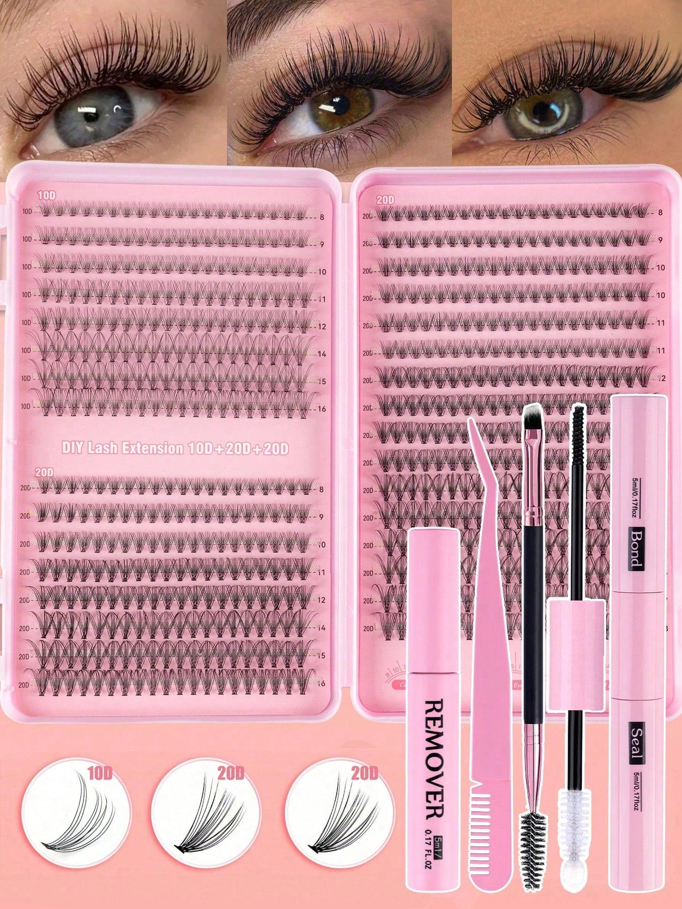 MEM 608pcs 10-16mm D Curl Holiday Eyelash Set, Includes 30D/40D/60D/80D Mixed Clusters, Soft And Natural, Suitable For Beginners, Includes Eyeshadow, Glue, Sealer, Tweezers And Eyelash Brush, For Home