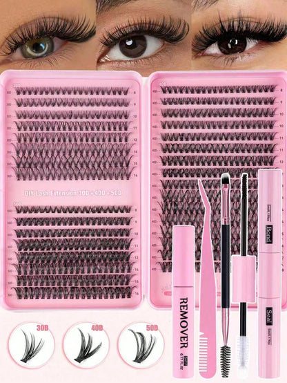 MEM 608pcs 10-16mm D Curl Holiday Eyelash Set, Includes 30D/40D/60D/80D Mixed Clusters, Soft And Natural, Suitable For Beginners, Includes Eyeshadow, Glue, Sealer, Tweezers And Eyelash Brush, For Home