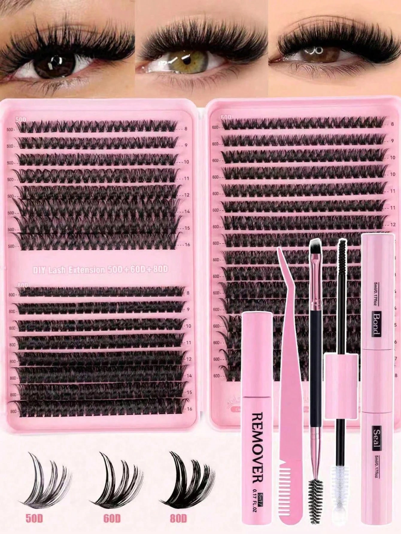MEM 608pcs 10-16mm D Curl Holiday Eyelash Set, Includes 30D/40D/60D/80D Mixed Clusters, Soft And Natural, Suitable For Beginners, Includes Eyeshadow, Glue, Sealer, Tweezers And Eyelash Brush, For Home
