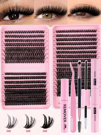 MEM 608pcs 10-16mm D Curl Holiday Eyelash Set, Includes 30D/40D/60D/80D Mixed Clusters, Soft And Natural, Suitable For Beginners, Includes Eyeshadow, Glue, Sealer, Tweezers And Eyelash Brush, For Home