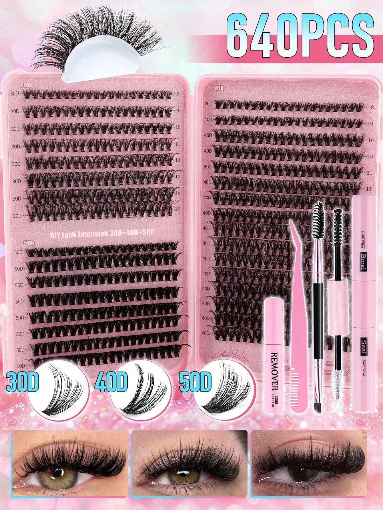 MEM 608pcs 10-16mm D Curl Holiday Eyelash Set, Includes 30D/40D/60D/80D Mixed Clusters, Soft And Natural, Suitable For Beginners, Includes Eyeshadow, Glue, Sealer, Tweezers And Eyelash Brush, For Home