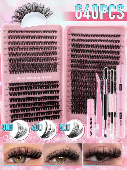 MEM 608pcs 10-16mm D Curl Holiday Eyelash Set, Includes 30D/40D/60D/80D Mixed Clusters, Soft And Natural, Suitable For Beginners, Includes Eyeshadow, Glue, Sealer, Tweezers And Eyelash Brush, For Home