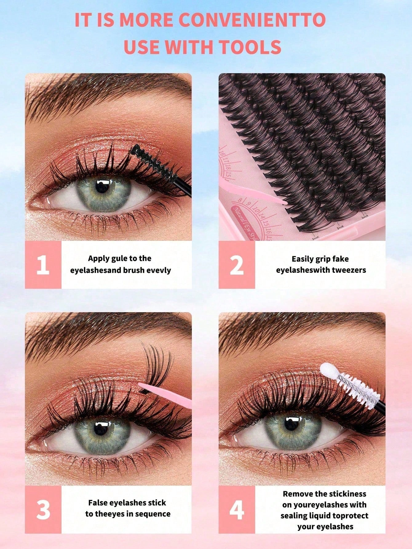 MEM 608pcs 10-16mm D Curl Holiday Eyelash Set, Includes 30D/40D/60D/80D Mixed Clusters, Soft And Natural, Suitable For Beginners, Includes Eyeshadow, Glue, Sealer, Tweezers And Eyelash Brush, For Home