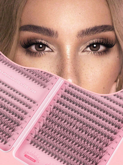 MEM 608pcs 10-16mm D Curl Holiday Eyelash Set, Includes 30D/40D/60D/80D Mixed Clusters, Soft And Natural, Suitable For Beginners, Includes Eyeshadow, Glue, Sealer, Tweezers And Eyelash Brush, For Home