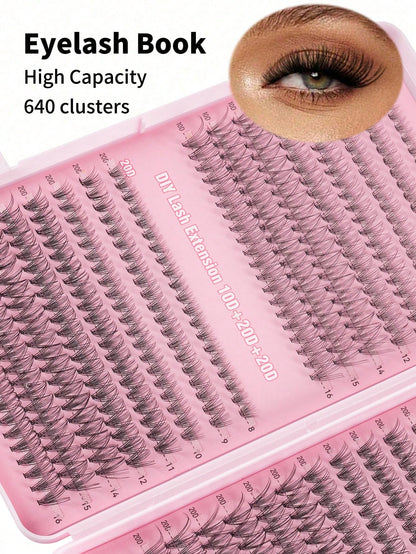 MEM 608pcs 10-16mm D Curl Holiday Eyelash Set, Includes 30D/40D/60D/80D Mixed Clusters, Soft And Natural, Suitable For Beginners, Includes Eyeshadow, Glue, Sealer, Tweezers And Eyelash Brush, For Home