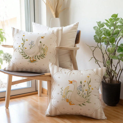 MEMNUN 2pcs Milk Tea Color Vertical Stripe Pastoral White Goose Print Pillow Covers [Pillow Insert Not Included], 40*40cm/45*45cm/50*50cm, [Single-Sided Printing] Polka Dot Floral Border Duck Sofa Cus
