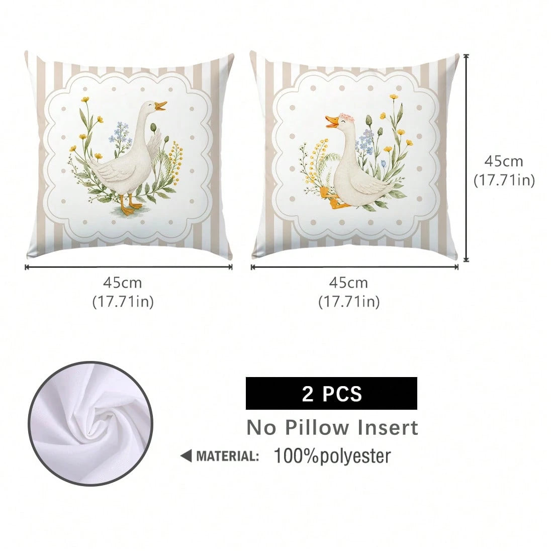MEMNUN 2pcs Milk Tea Color Vertical Stripe Pastoral White Goose Print Pillow Covers [Pillow Insert Not Included], 40*40cm/45*45cm/50*50cm, [Single-Sided Printing] Polka Dot Floral Border Duck Sofa Cus