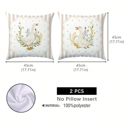 MEMNUN 2pcs Milk Tea Color Vertical Stripe Pastoral White Goose Print Pillow Covers [Pillow Insert Not Included], 40*40cm/45*45cm/50*50cm, [Single-Sided Printing] Polka Dot Floral Border Duck Sofa Cus