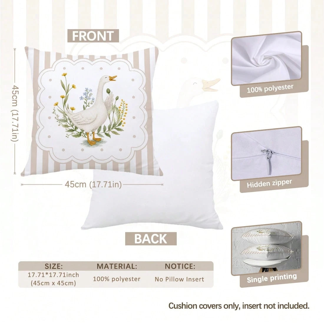 MEMNUN 2pcs Milk Tea Color Vertical Stripe Pastoral White Goose Print Pillow Covers [Pillow Insert Not Included], 40*40cm/45*45cm/50*50cm, [Single-Sided Printing] Polka Dot Floral Border Duck Sofa Cus