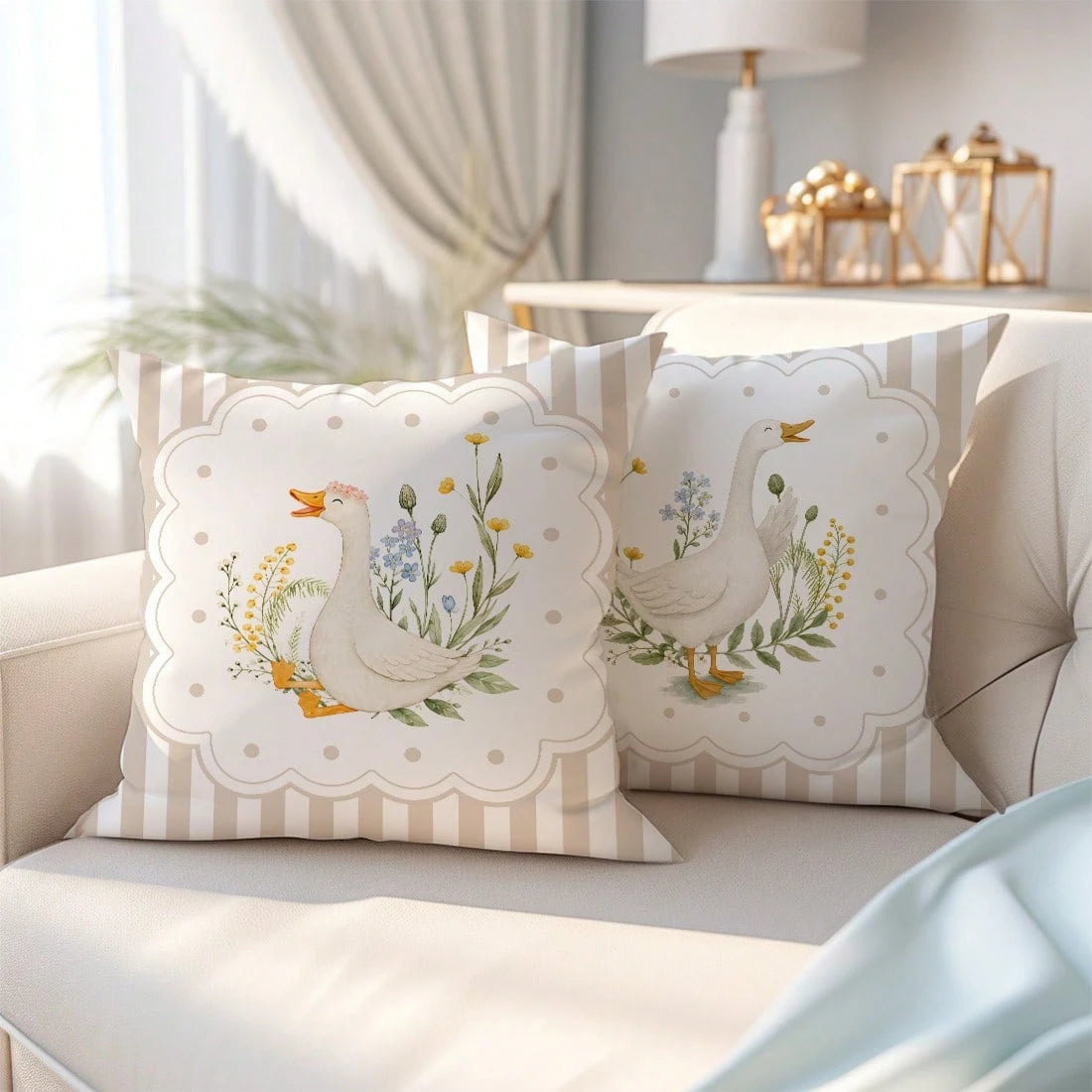 MEMNUN 2pcs Milk Tea Color Vertical Stripe Pastoral White Goose Print Pillow Covers [Pillow Insert Not Included], 40*40cm/45*45cm/50*50cm, [Single-Sided Printing] Polka Dot Floral Border Duck Sofa Cus