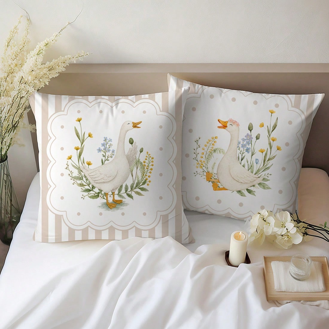 MEMNUN 2pcs Milk Tea Color Vertical Stripe Pastoral White Goose Print Pillow Covers [Pillow Insert Not Included], 40*40cm/45*45cm/50*50cm, [Single-Sided Printing] Polka Dot Floral Border Duck Sofa Cus