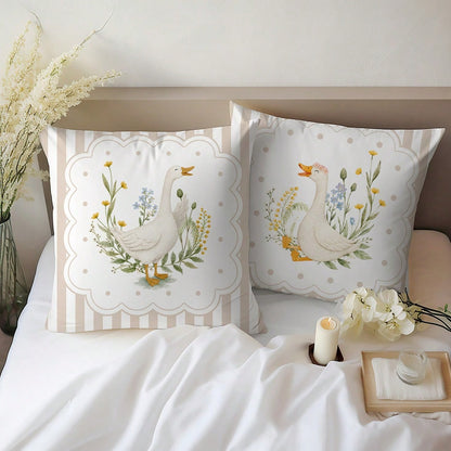 MEMNUN 2pcs Milk Tea Color Vertical Stripe Pastoral White Goose Print Pillow Covers [Pillow Insert Not Included], 40*40cm/45*45cm/50*50cm, [Single-Sided Printing] Polka Dot Floral Border Duck Sofa Cus