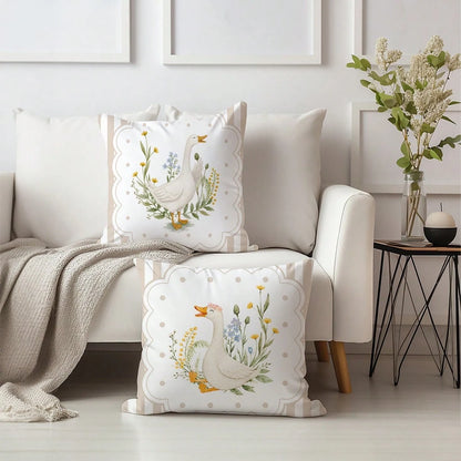 MEMNUN 2pcs Milk Tea Color Vertical Stripe Pastoral White Goose Print Pillow Covers [Pillow Insert Not Included], 40*40cm/45*45cm/50*50cm, [Single-Sided Printing] Polka Dot Floral Border Duck Sofa Cus