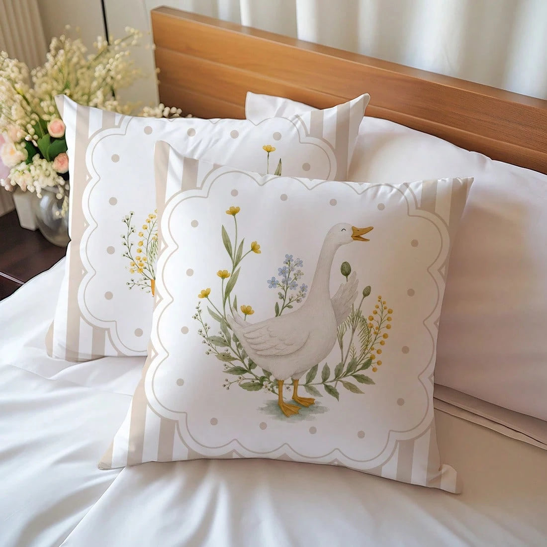 MEMNUN 2pcs Milk Tea Color Vertical Stripe Pastoral White Goose Print Pillow Covers [Pillow Insert Not Included], 40*40cm/45*45cm/50*50cm, [Single-Sided Printing] Polka Dot Floral Border Duck Sofa Cus