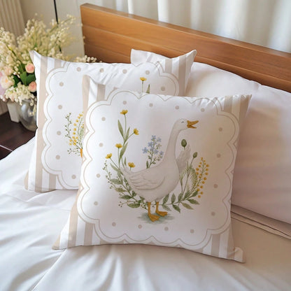 MEMNUN 2pcs Milk Tea Color Vertical Stripe Pastoral White Goose Print Pillow Covers [Pillow Insert Not Included], 40*40cm/45*45cm/50*50cm, [Single-Sided Printing] Polka Dot Floral Border Duck Sofa Cus