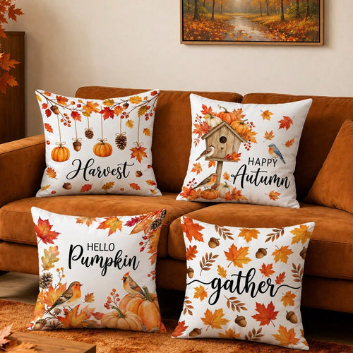 MEMNUN 4pcs Autumn Hanging Pumpkin Pinecone Maple Leaf Print Pillow Covers [Pillow Insert Not Included] 45*45cm/50*50cm [Single-Sided Print] Made Of Polyester Material Happy Autumn Hello Pumpkin Red R